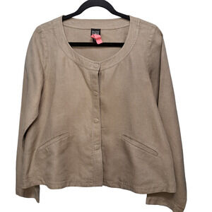 Eileen Fisher Women Taupe Snap 100% Linen Long Sleeve Boat Neck Jacket Small